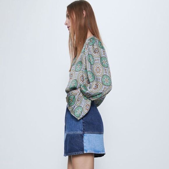 ZARA BOHO FLOWY PRINTED BALLOON SLEEVE BLOUSE - Picture 4 of 7